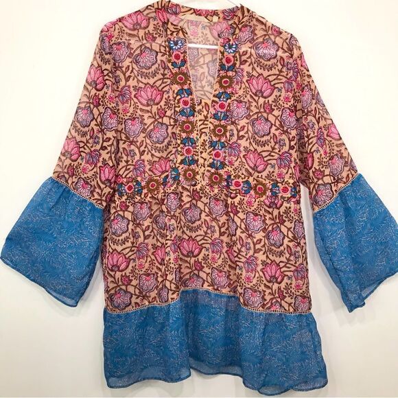 Soft Surroundings Pergola Blue Pink Floral Embroidered Sparkle Peasant Blouse - Picture 7 of 15